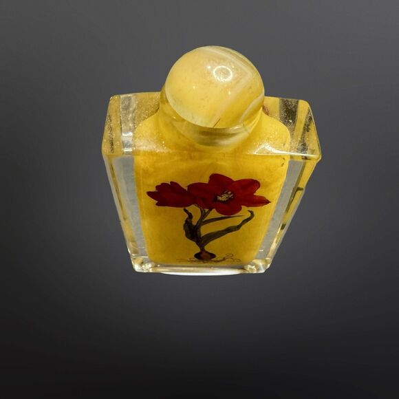 Antique Chinese Reverse Hand Painted TULIP FLORAL Snuff Imperial Yellow Bottle - Picture 6 of 9